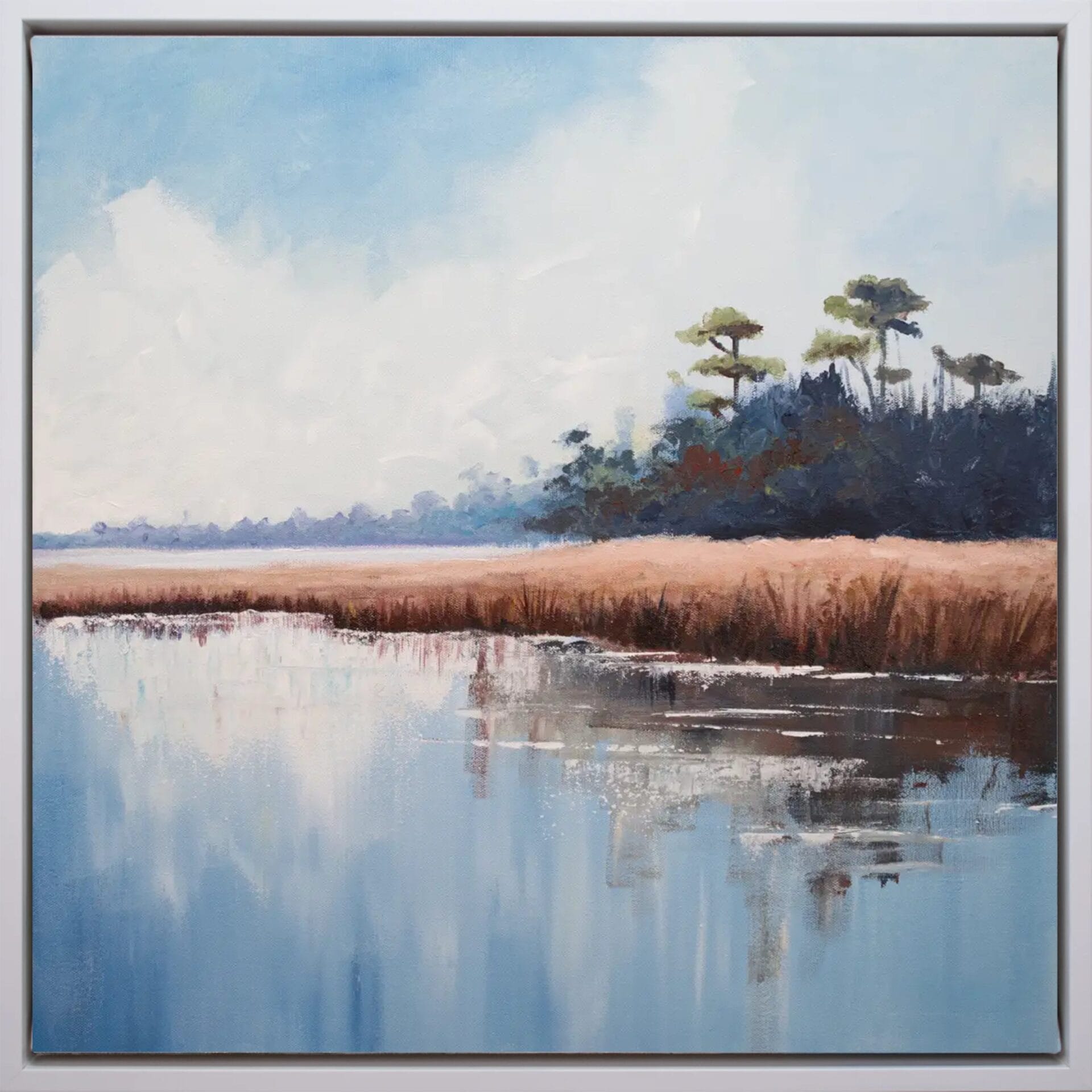 Quiet Marsh Reflections original 20 x 20 acrylic painting with calm water, soft marsh grasses, and gentle sky reflections.