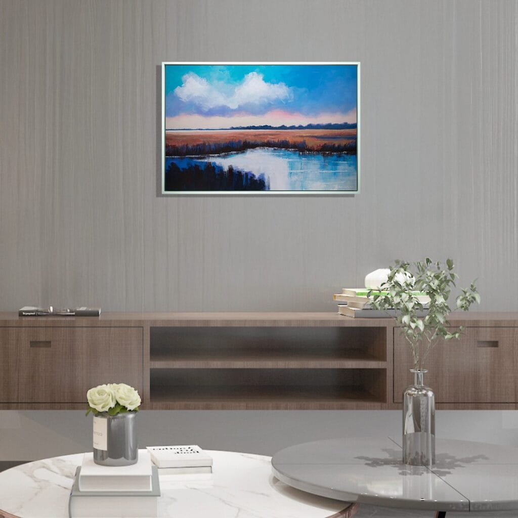 Radiant Marshlands original framed acrylic painting displayed above a console in a calm contemporary interior.
