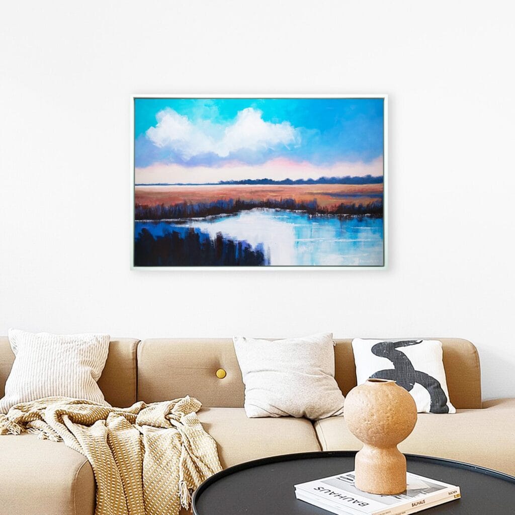 Radiant Marshlands original framed artwork displayed in a softly styled living room.
