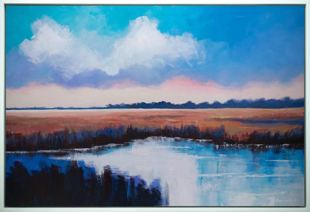 Radiant Marshlands original 24 x 36 acrylic painting with luminous sky, warm horizon tones, and calm marshland water.