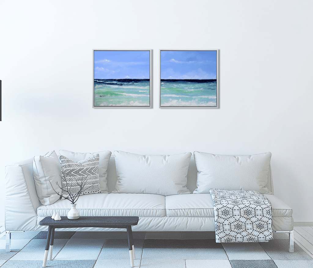 Seafoam Horizon I and Seafoam Horizon II displayed together as a limited edition coastal pair above a white sofa by Bonum Art Gallery