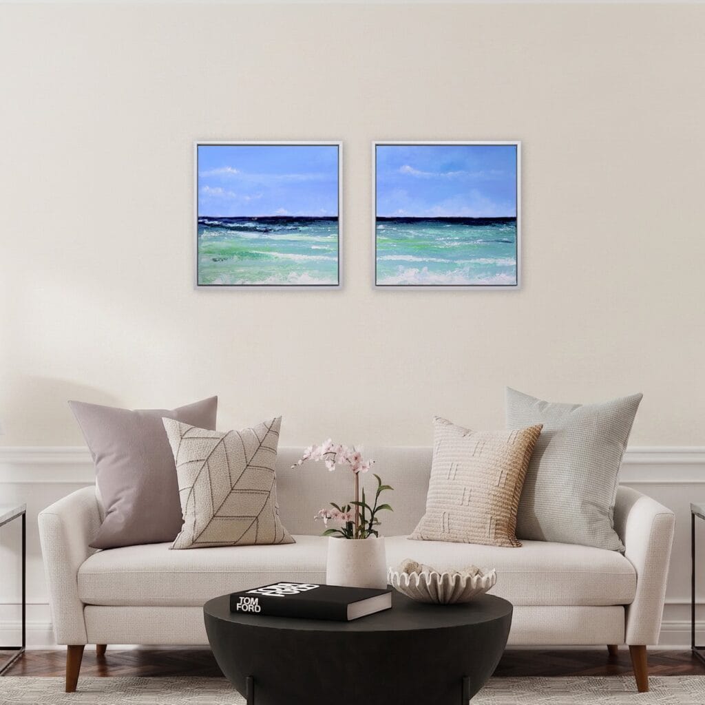 Seafoam Horizon I and Seafoam Horizon II shown together in a neutral living room above a sofa by Bonum Art Gallery