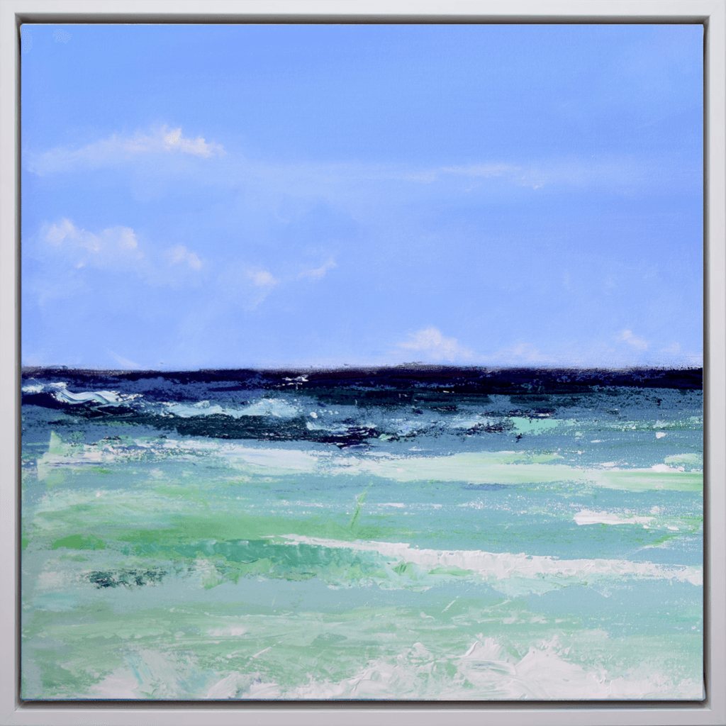 Seafoam Horizon I limited edition coastal artwork with blue sky, turquoise sea tones, and layered ocean horizon in a silver frame by Bonum Art Gallery