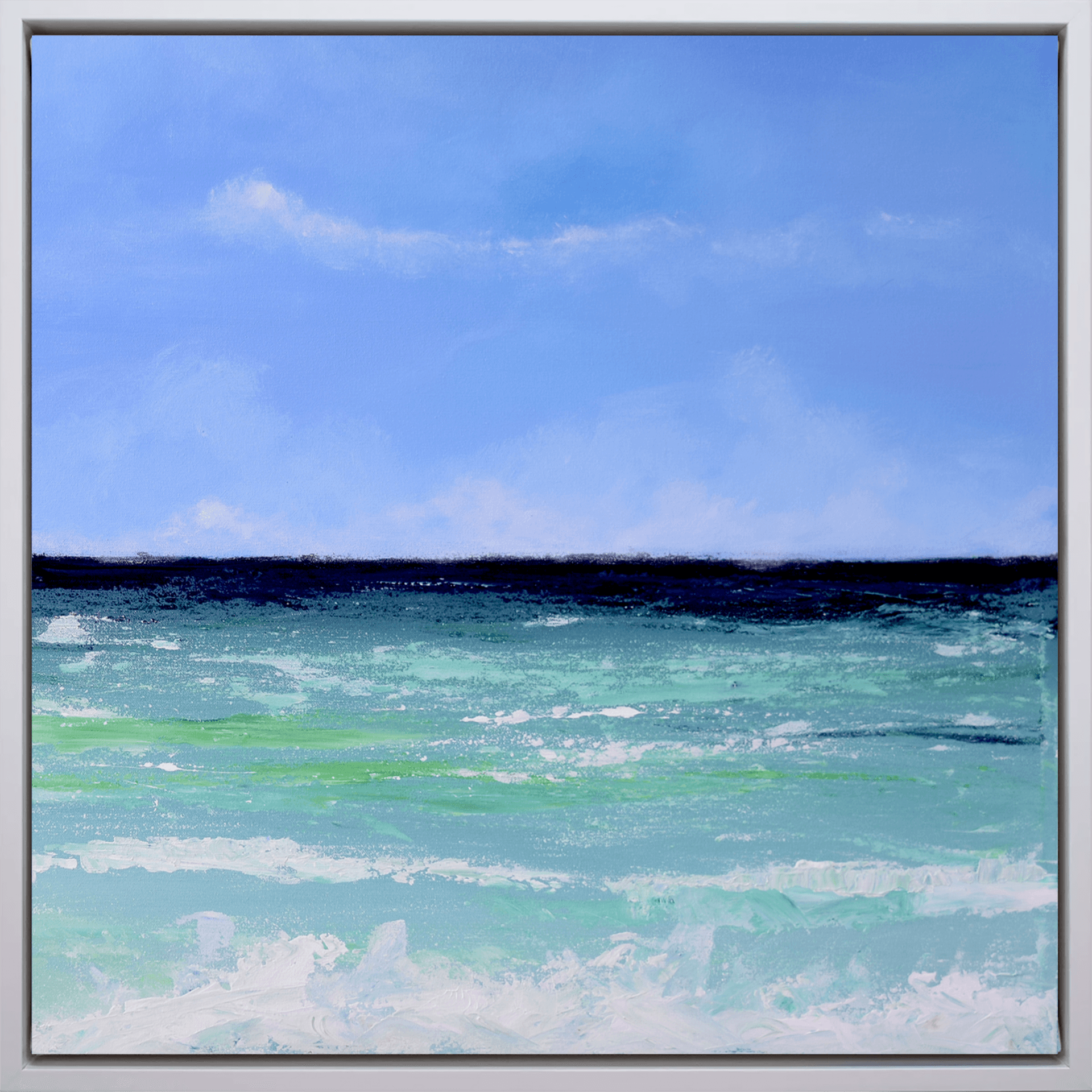 Seafoam Horizon II limited edition coastal artwork with blue sky, seafoam green water, and soft ocean horizon in a silver frame by Bonum Art Gallery
