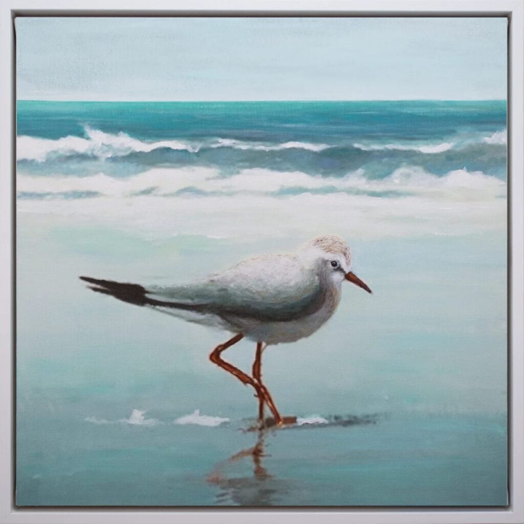 Shoreline Sandpiper I limited edition bird artwork 20x20 in white frame by Bonum Art Gallery