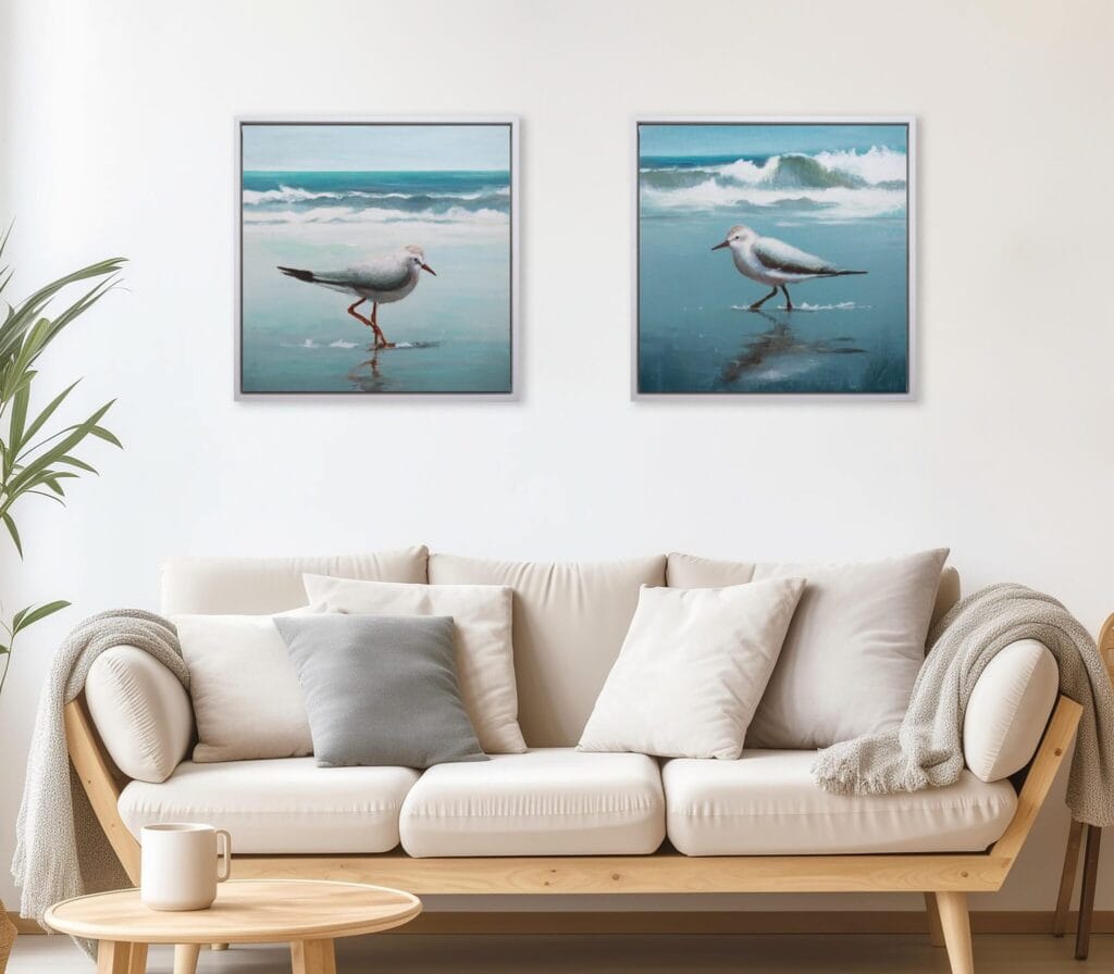 Coastal Birds sandpiper limited edition artworks displayed above a neutral living room sofa by Bonum Art Gallery
