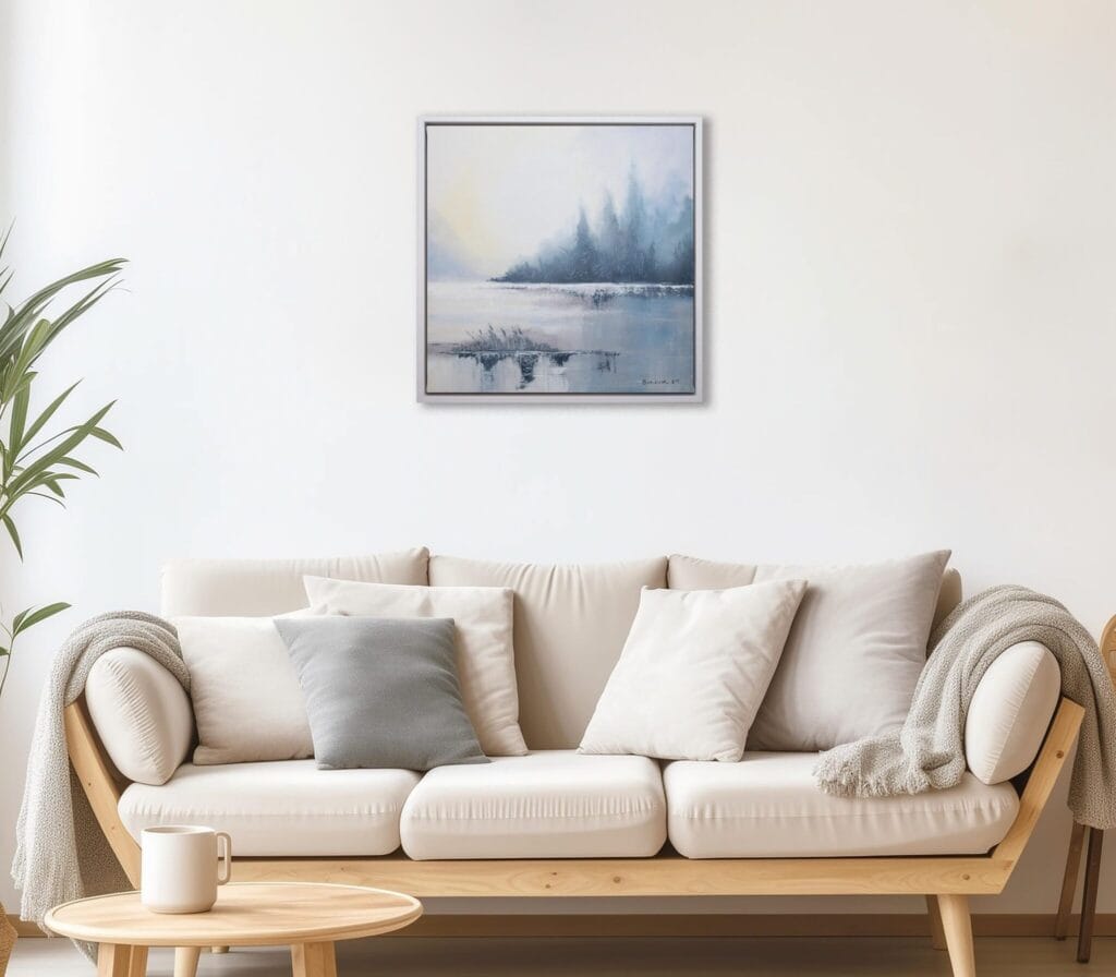 Silent Edge original framed acrylic painting displayed above a cream sofa in a bright neutral living room.