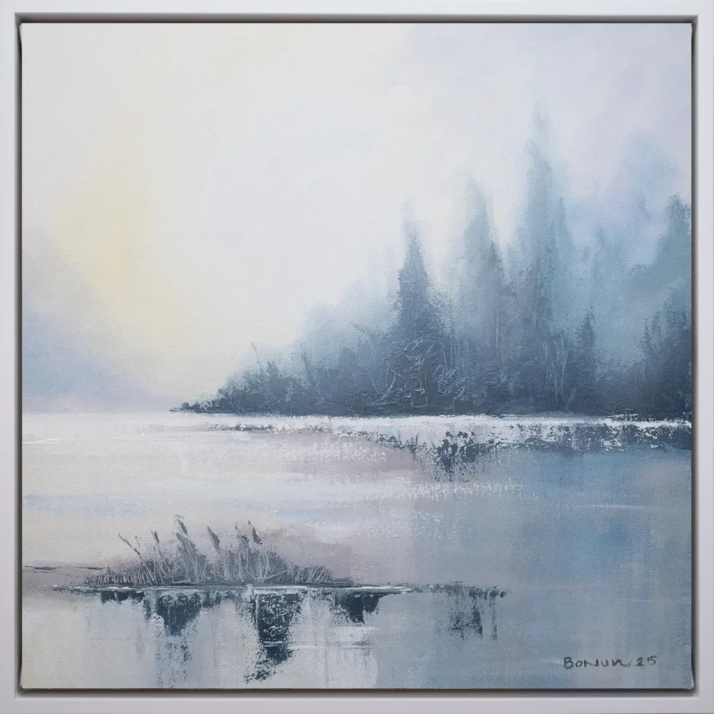 Silent Edge original 20 x 20 acrylic painting with a misty blue shoreline and soft water reflections.