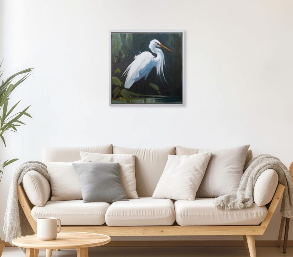 Silent Watch limited edition bird artwork displayed above a neutral living room sofa by Bonum Art Gallery