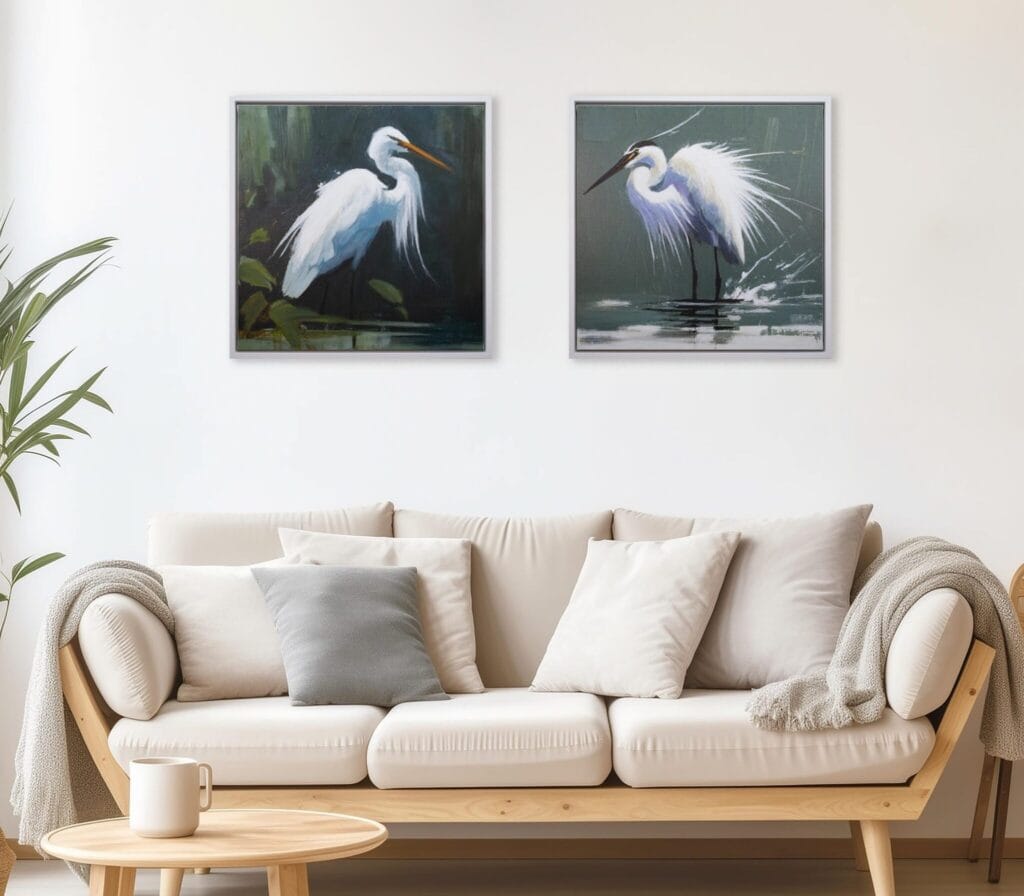 Coastal Birds limited edition artworks displayed above a neutral living room sofa by Bonum Art Gallery