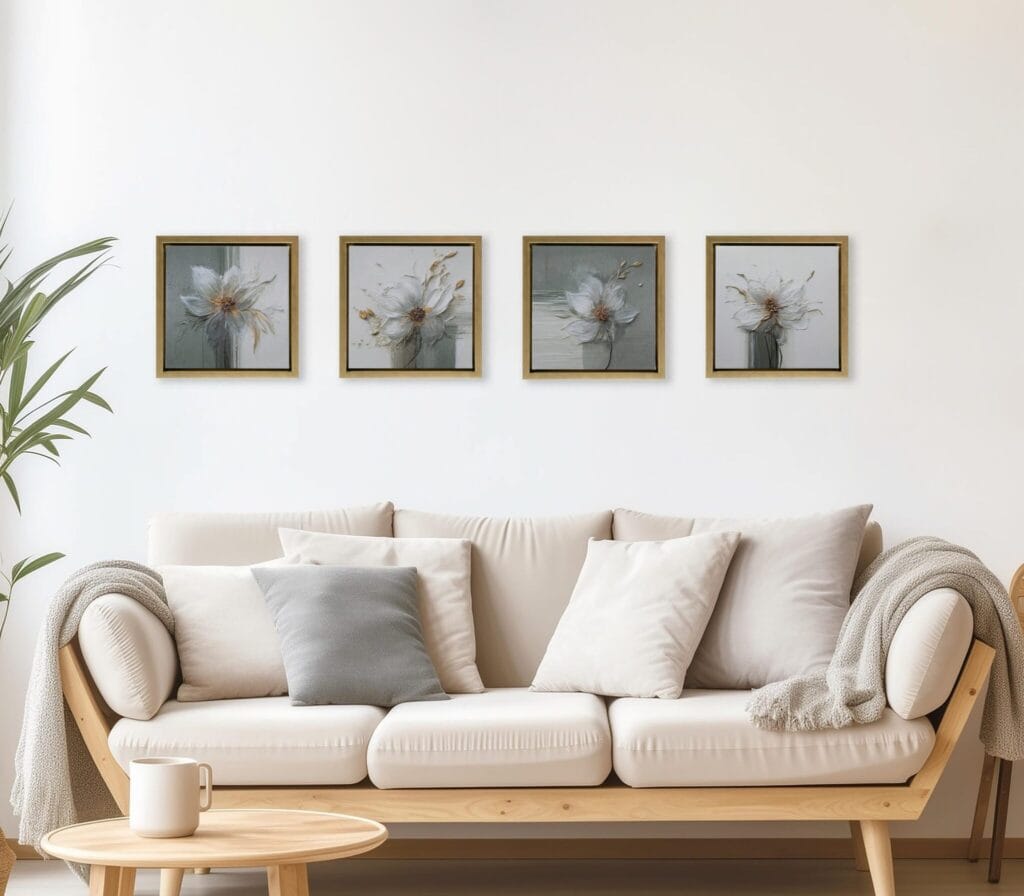 Botanical Minimalism limited edition collection displayed above a neutral living room sofa