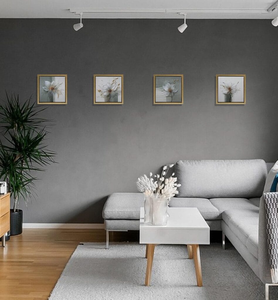 Botanical Minimalism limited edition floral artworks displayed on a gray wall interior