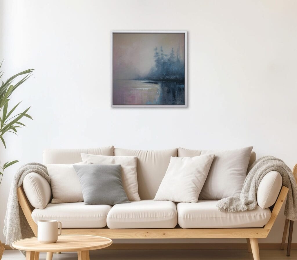 Horizon Mist original framed acrylic painting displayed above a cream sofa in a soft neutral living room.