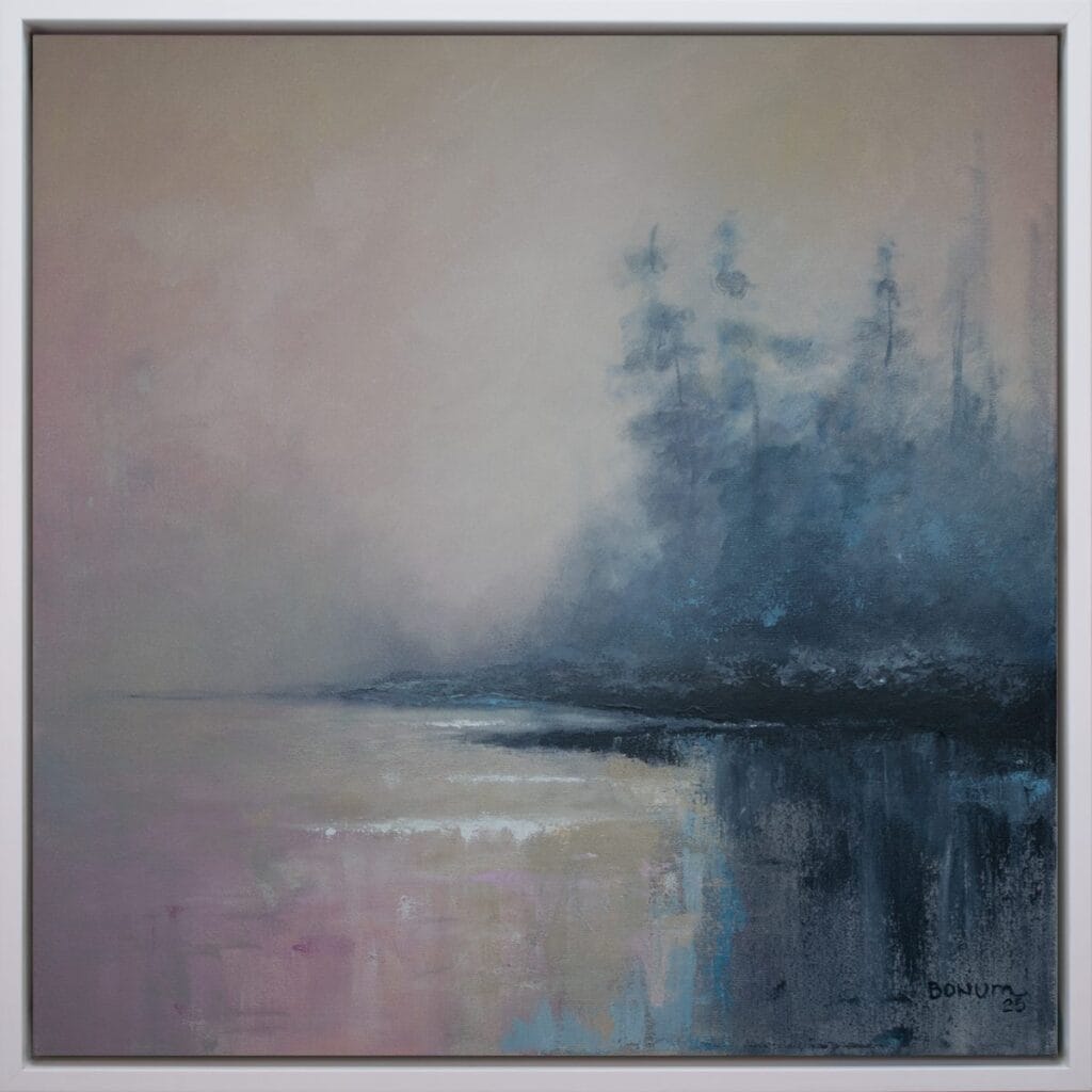 Horizon Mist original 20 x 20 acrylic painting with a misty blue landscape, distant trees, and a soft blush horizon.