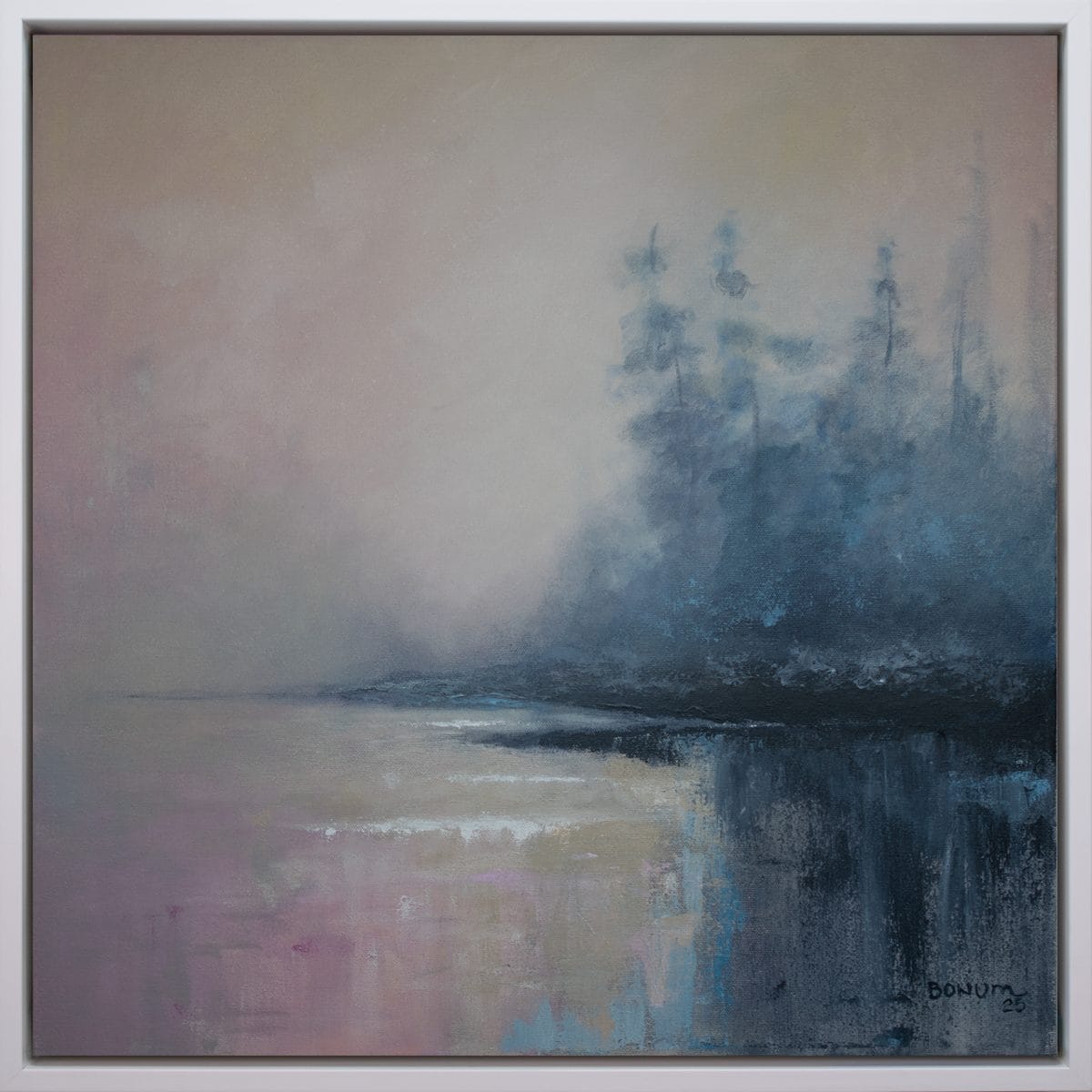 Horizon Mist original 20 x 20 acrylic painting with a misty blue landscape, distant trees, and a soft blush horizon.