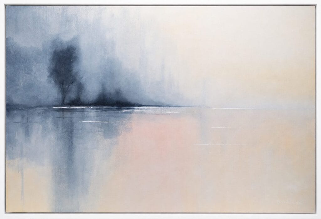 Whispers of Dawn original 24 x 36 acrylic painting with misty blue tones, soft blush reflections, and a quiet shoreline in a white frame.