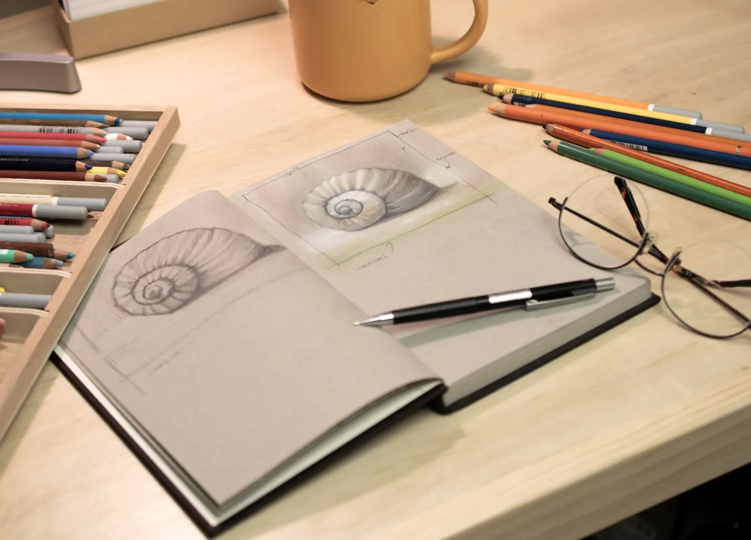 Open sketchbook with shell studies, colored pencils, glasses, and warm studio light